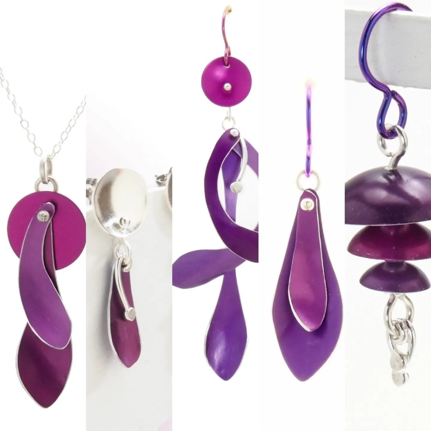 After much thought (aka procrastinating) I've decided to call my new collection &quot;Frolicsome&quot;  Now available on allenmetalarts.com and @albertastreetgallery
.
.
#handmadejewelry #anodizedaluminum #allenmetalarts #purplejewelry #aluminumjewel