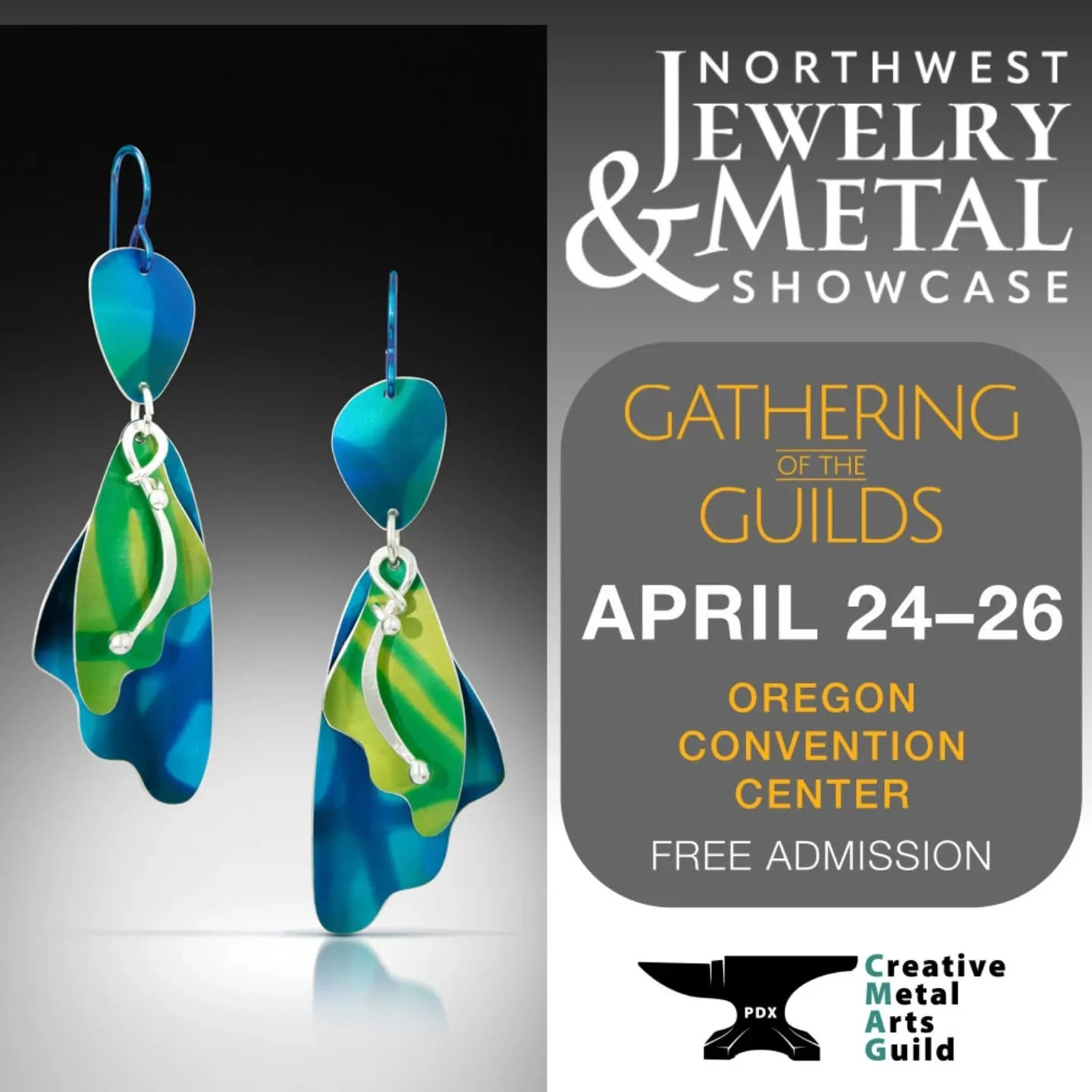 Save the date!
Northwest Jewelry and Metal Show
April 25 &ndash; 27
Oregon Convention Center
FREE ADMISSION
Come see me and other Northwest metal artists offering
premium jewelry and metal art, plus demos! This is part of
Gathering of the Guilds, so 