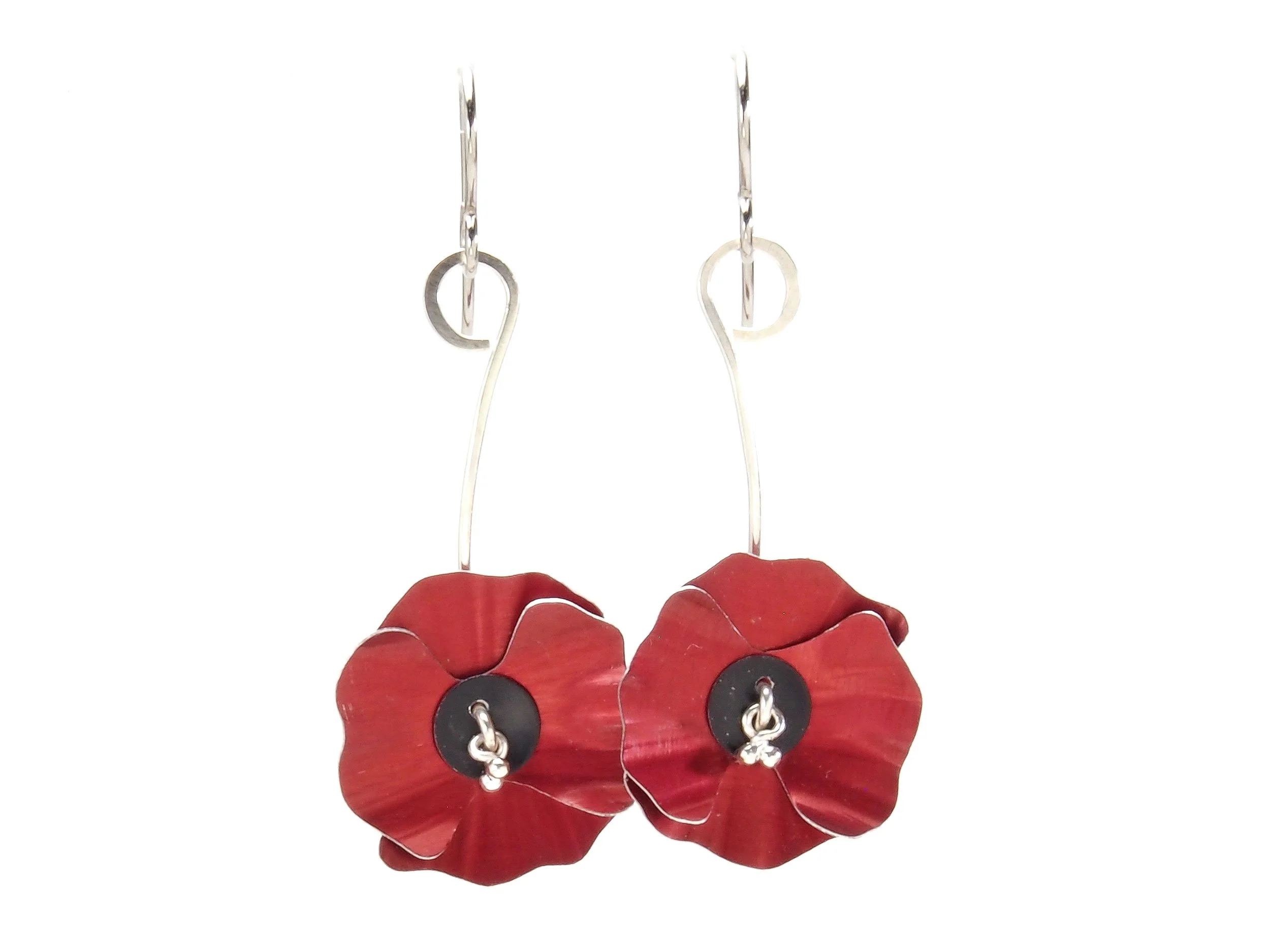 Art Nouveau Poppy Earrings by Mandy Allen, Metal Arts made from silver and red anodized aluminum
