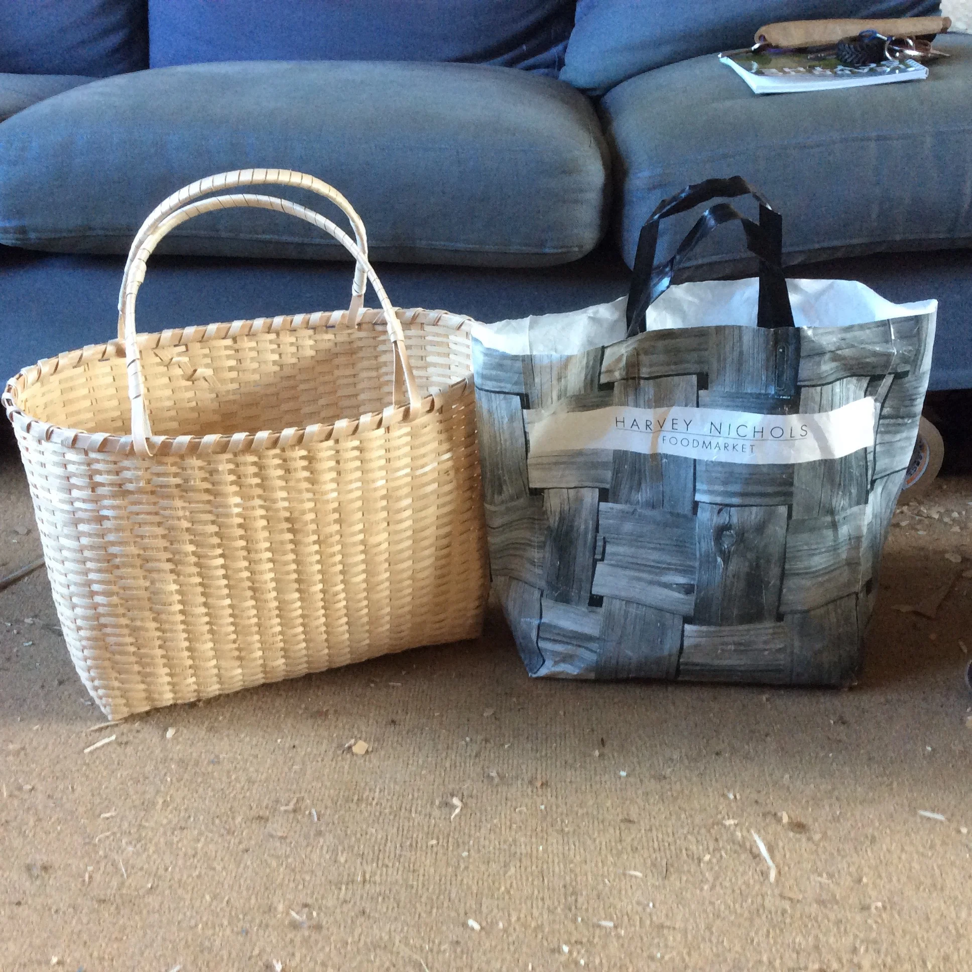 Some may see this as problematic as the bag is a plastic facsimile of the real basket. I see this as a slow movement back toward using baskets again through changing our cultural opinions/views by using the image of the basket in use again.