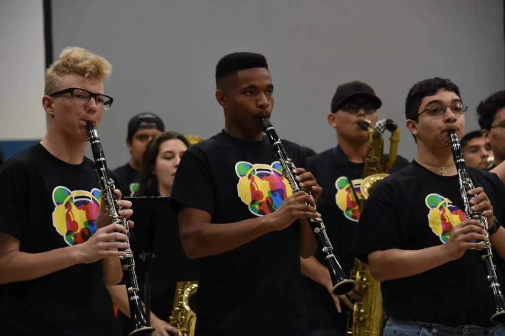 Photo: Members of the Ramona Dynasty band of Ramona High School in Riverside, CA, perform during Give A Note’s 2017 Music In Our Schools Tour.