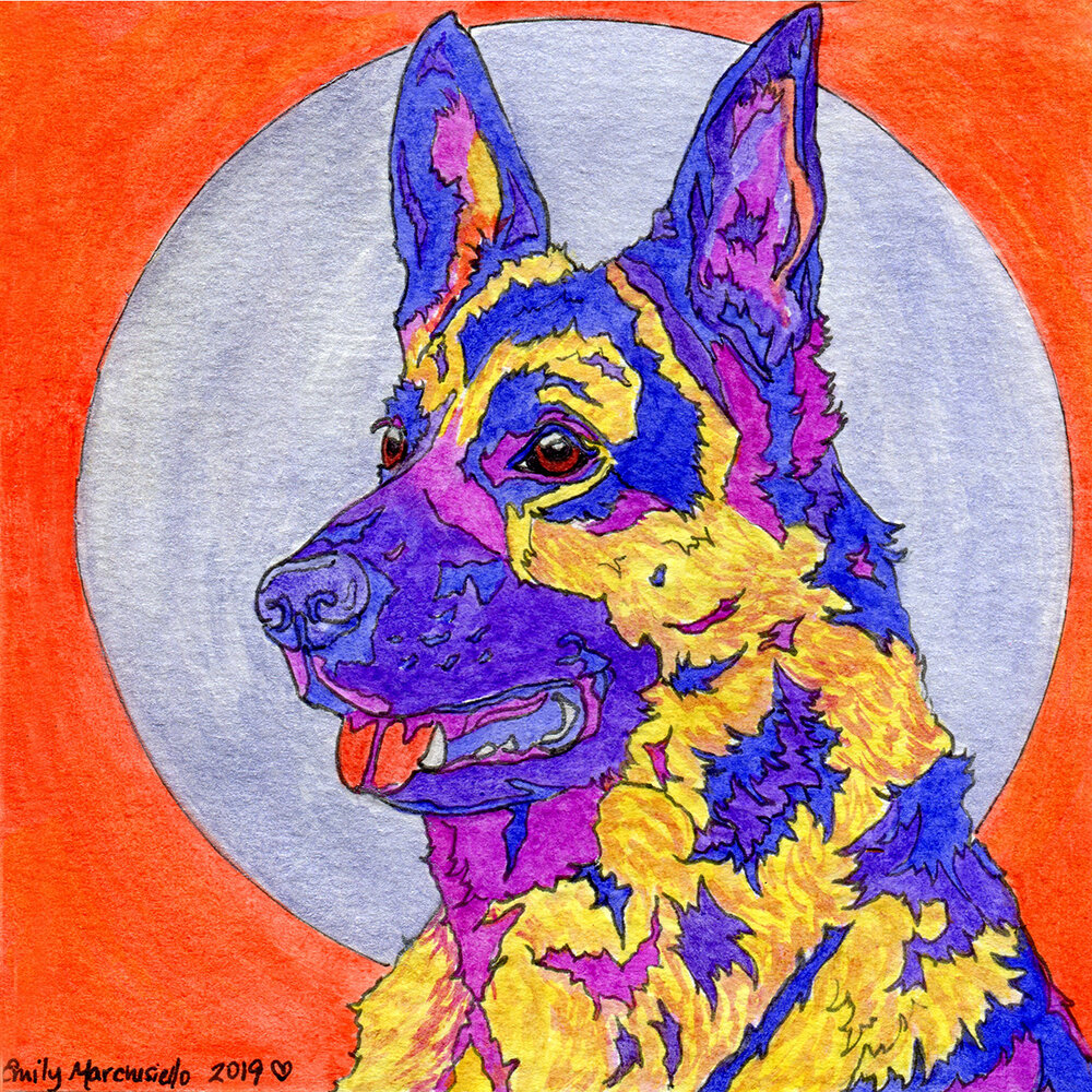 Rainbow German Shepherd - 5"x5" watercolor painting