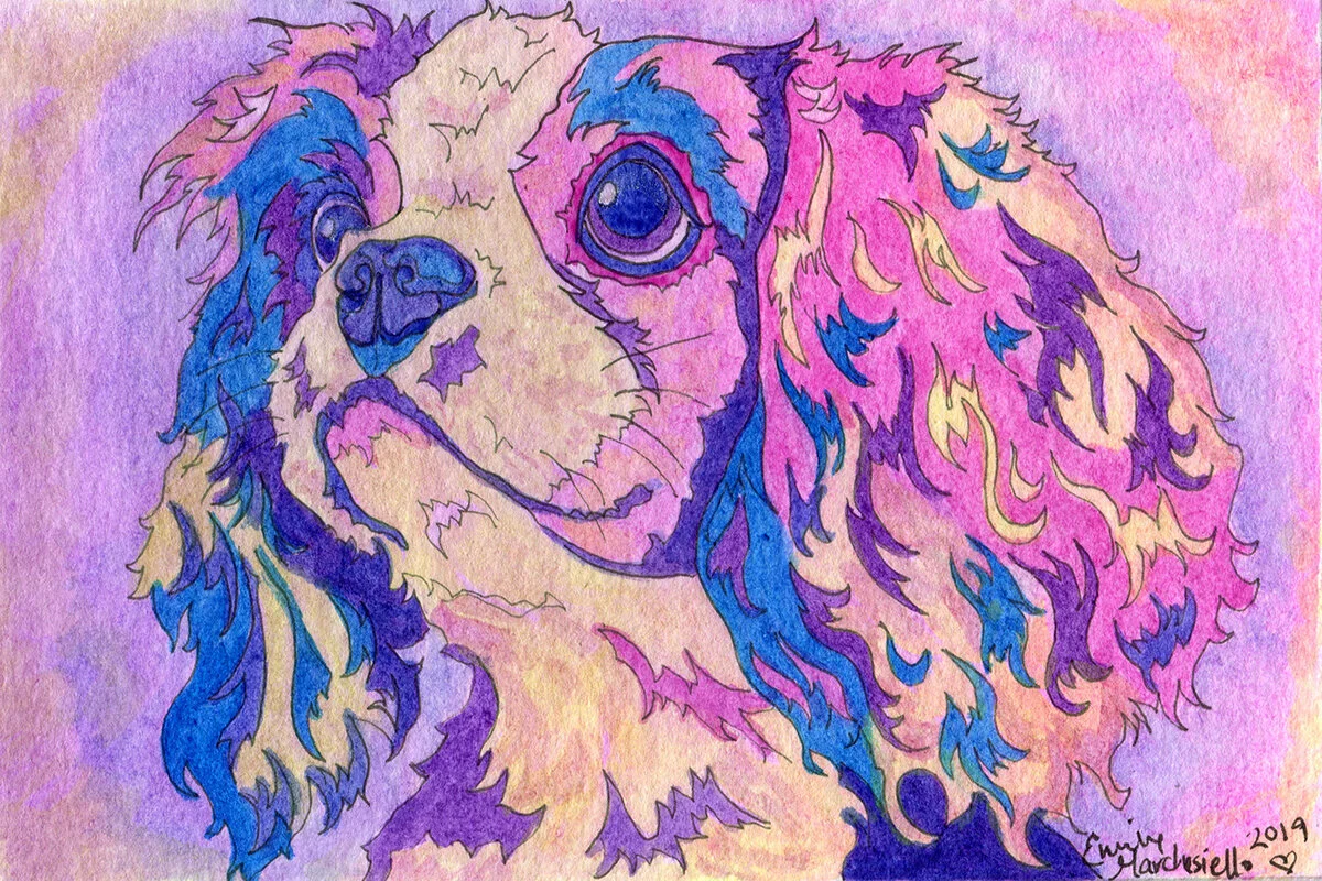 Rainbow King Charles Cavalier - 4"x6" watercolor painting