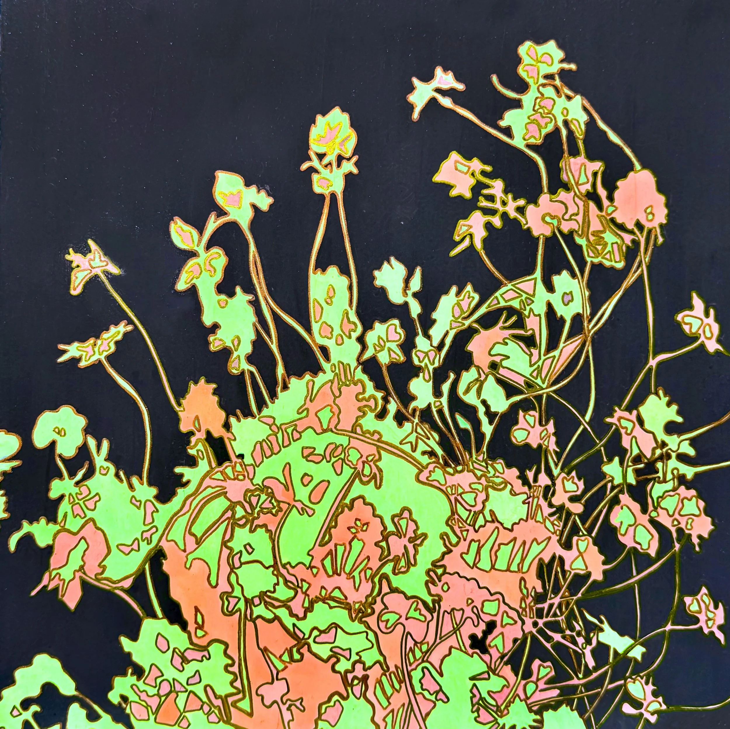 Pastel Neon Clover - acrylic on gesso panel - 12"x12"