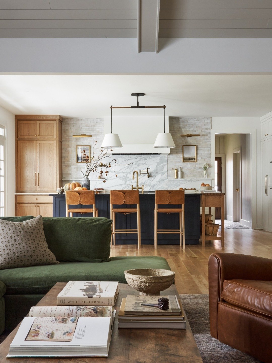 The Heyward House kitchen is a study in contrast done right &mdash; airy yet grounded, refined yet deeply lived-in. We layered warm woods, rich stone, soft neutrals, and darker accents to create a space that feels collected instead of overly polished
