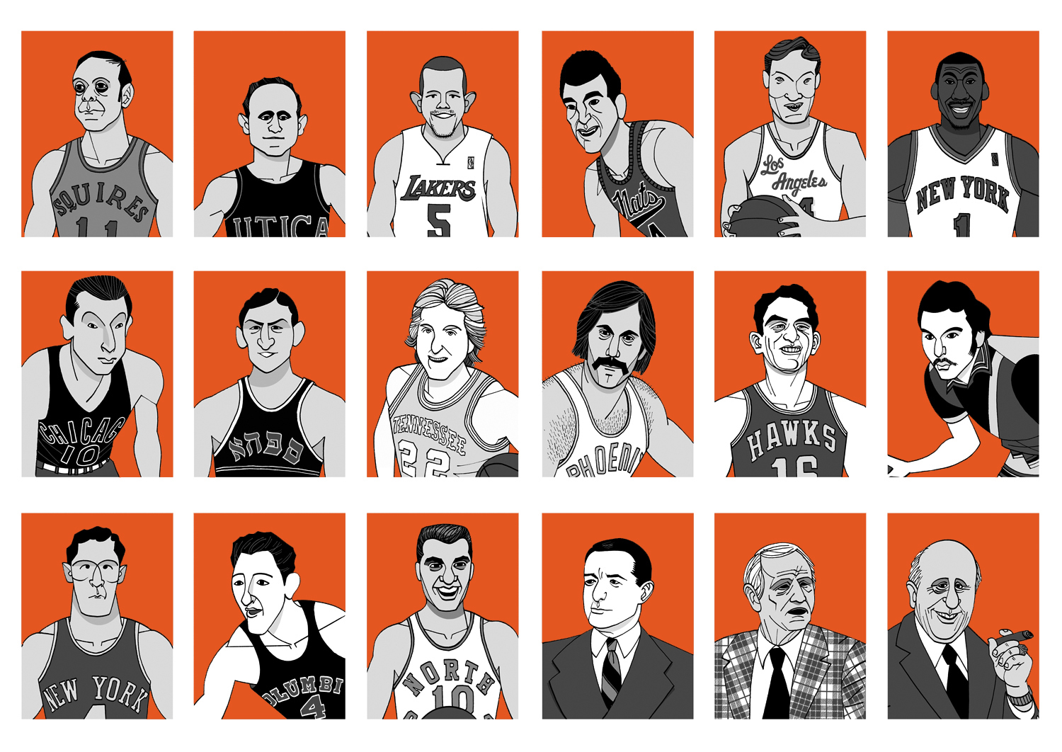 Illustrations for Tablet , as part of an on-line game snappily titled "The Choose Your Own All-Time Greatest Jewish-American Basketball Team Game!"