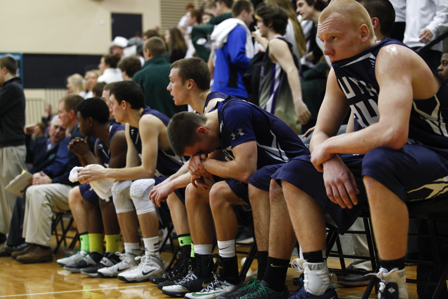 South Oldham forward Drew Horsey, right, and his teammates look on as North Oldham beat south 76-63.