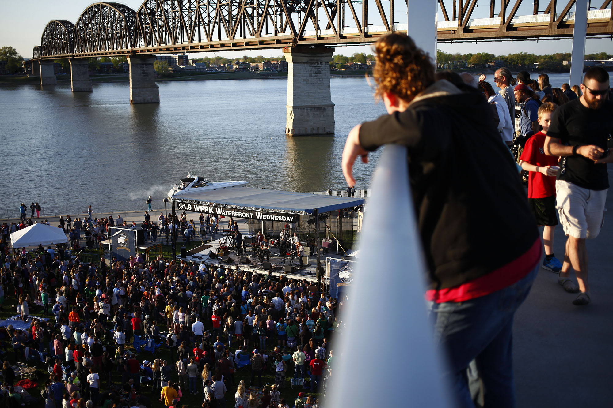 Waterfront Park was filled with a record crowd for the first Waterfront Wednesday of the 2014 summer. Attendees watched the band from the lawn, Big Four Bridge and boats.