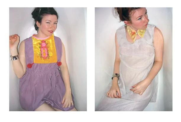 Dress from my MA collection , All Stories Have Endings. The dress starts out a solid color and becomes a print over time (new dress on left, after about 20 washings on right) 
