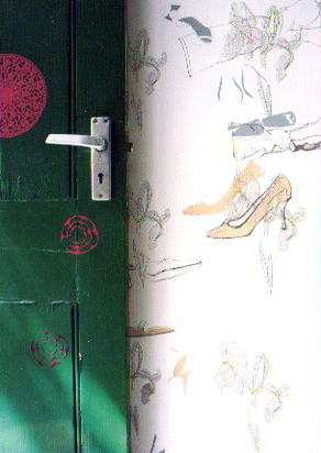 Interactive Wallpaper TM by Rachel Kelly 'A Two Stage Bespoke Wallcovering Product' Card image: New Shoes with Sticker Door Design by Rachel Kelly 2003