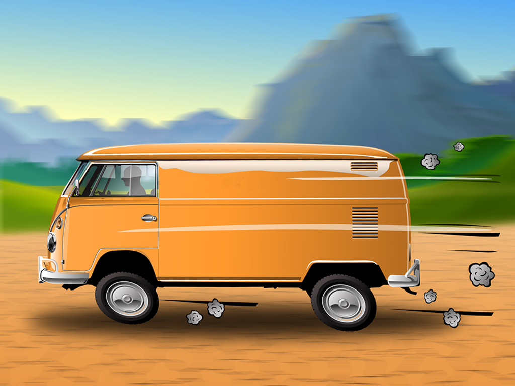 A slower shutter speed and panning with the van will blur the background and convey the sense of motion.