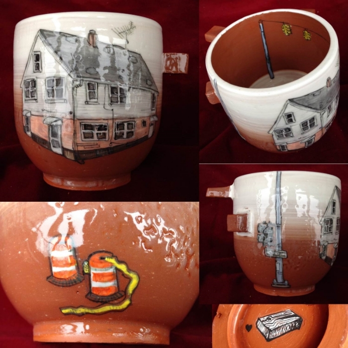 Half-Handle Mug with Pink and White House