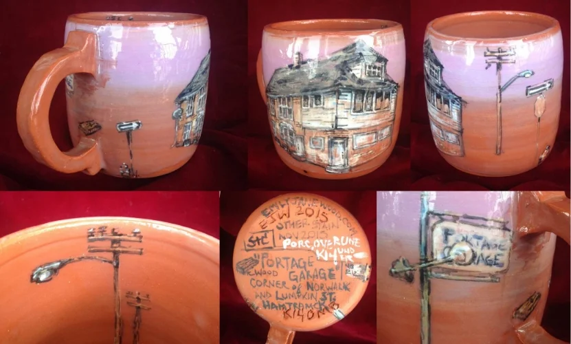 Mug, with the corner of Lumpkin and Norwalk, and Portage Garage Sign