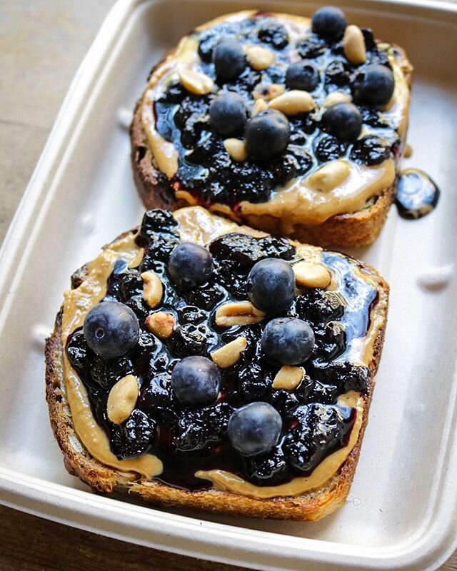 PB &amp; J | Peanut Butter &amp; Jam on Toast! Available online, in store and for delivery through @doordash. ⁣
⁣
🥜  Two slices of buttered Toasted Seed Sourdough toast, natural smooth peanut butter, house-made blueberry jam. Topped with crunchy pea