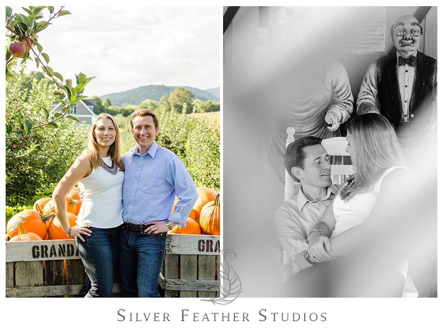 Asheville engagement photography in the pumpkin patch at Granddad's Apple Orchard. © Silver Feather Studios, North Carolina Wedding Photography & Videography