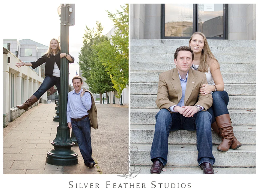 Couple pose on the streets of downtown Asheville for their autumn engagement session.. © Silver Feather Studios, North Carolina Wedding Photography & Videography