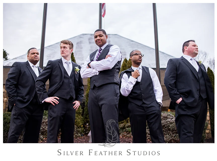 Groomsmen pose with the groom at this Bryan Park Golf Center Wedding in Greensboro. © Silver Feather Studios, Wedding Photography in Greensboro, North Carolina.