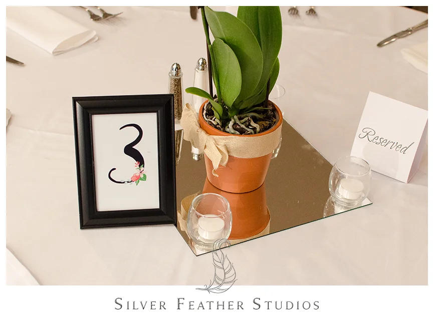Bryan Park Golf Center Wedding reception featuring potted orchid centerpieces with candles. © Silver Feather Studios, Wedding Photography in Greensboro, North Carolina.