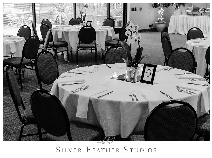 Bryan Park Golf Center Wedding reception featuring potted orchid centerpieces with candles. © Silver Feather Studios, Wedding Photography in Greensboro, North Carolina.