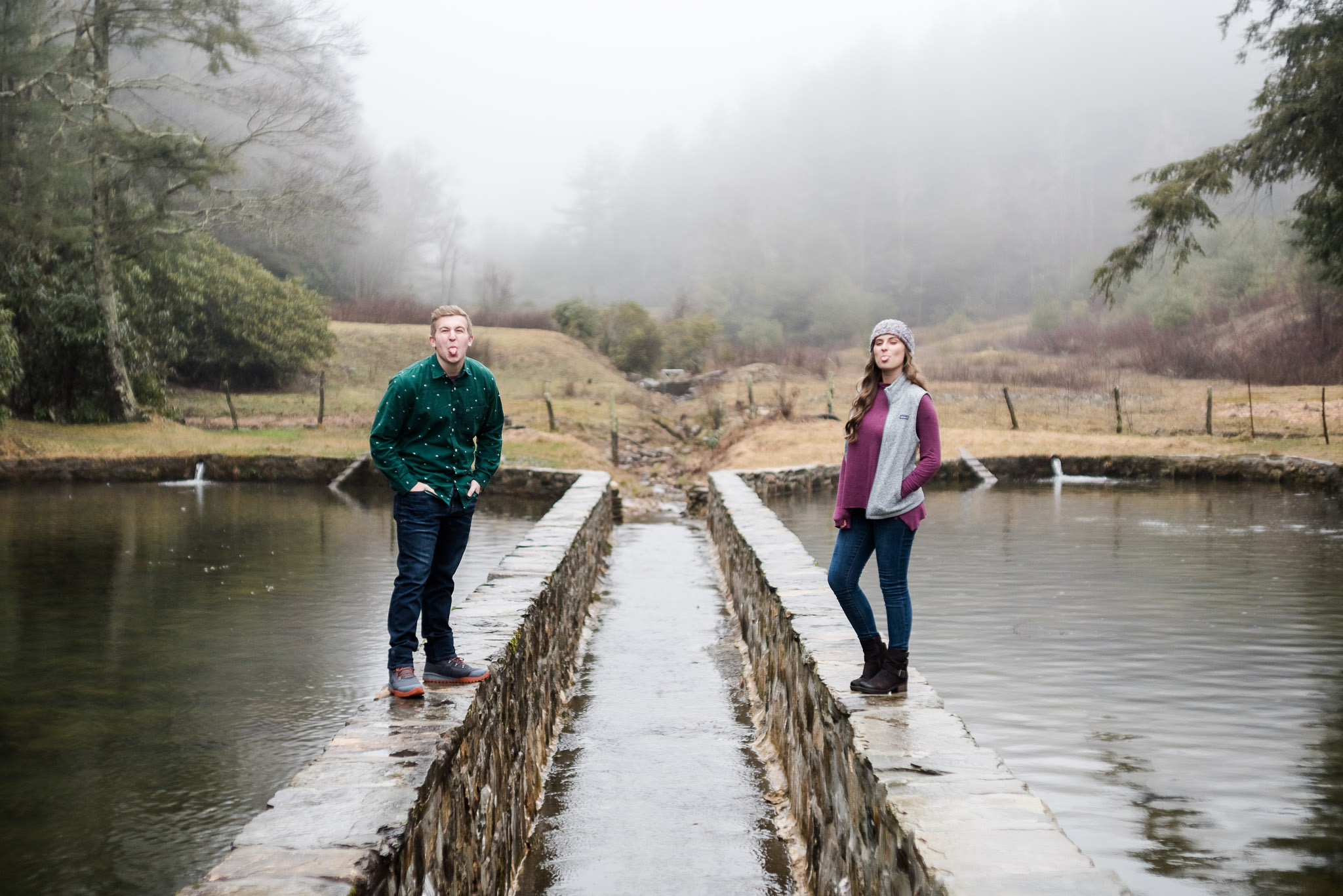 blowing rock engagement session in a foggy park