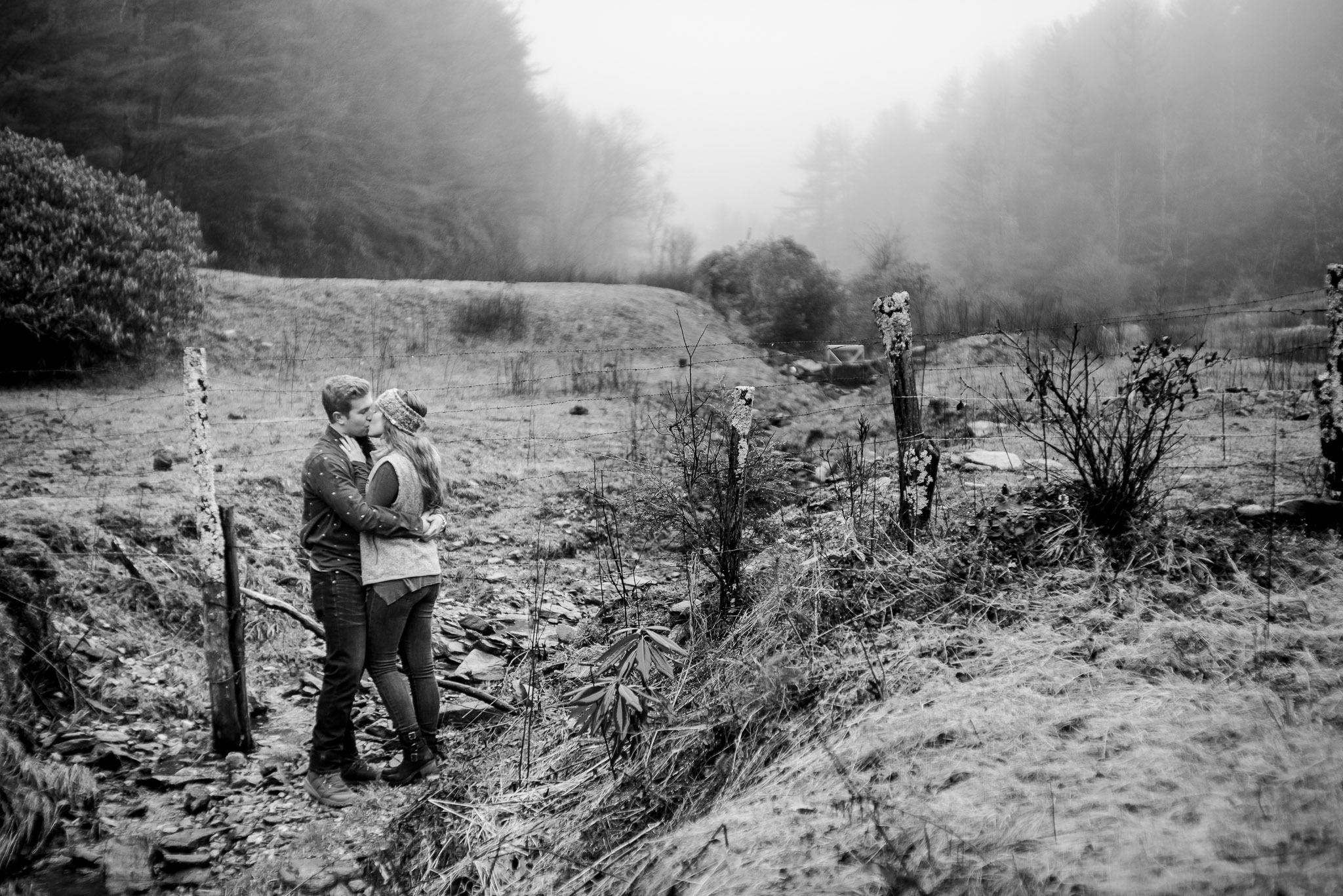 blowing rock engagement session in a foggy park