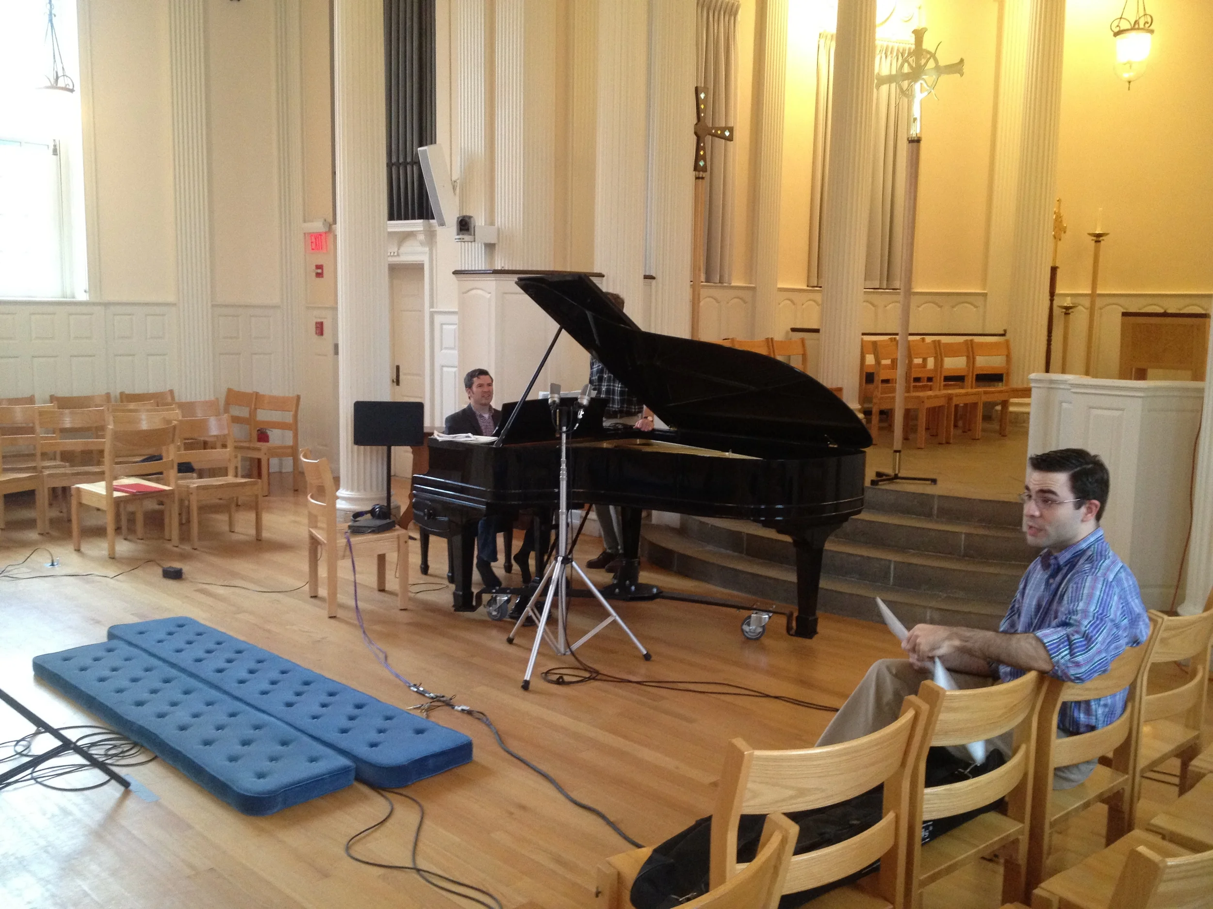 Derek Greten-Harrison and Alan Murchie between takes of Rossini's "Trois choeurs religieux" in Marquand Chapel, Yale Divinity School