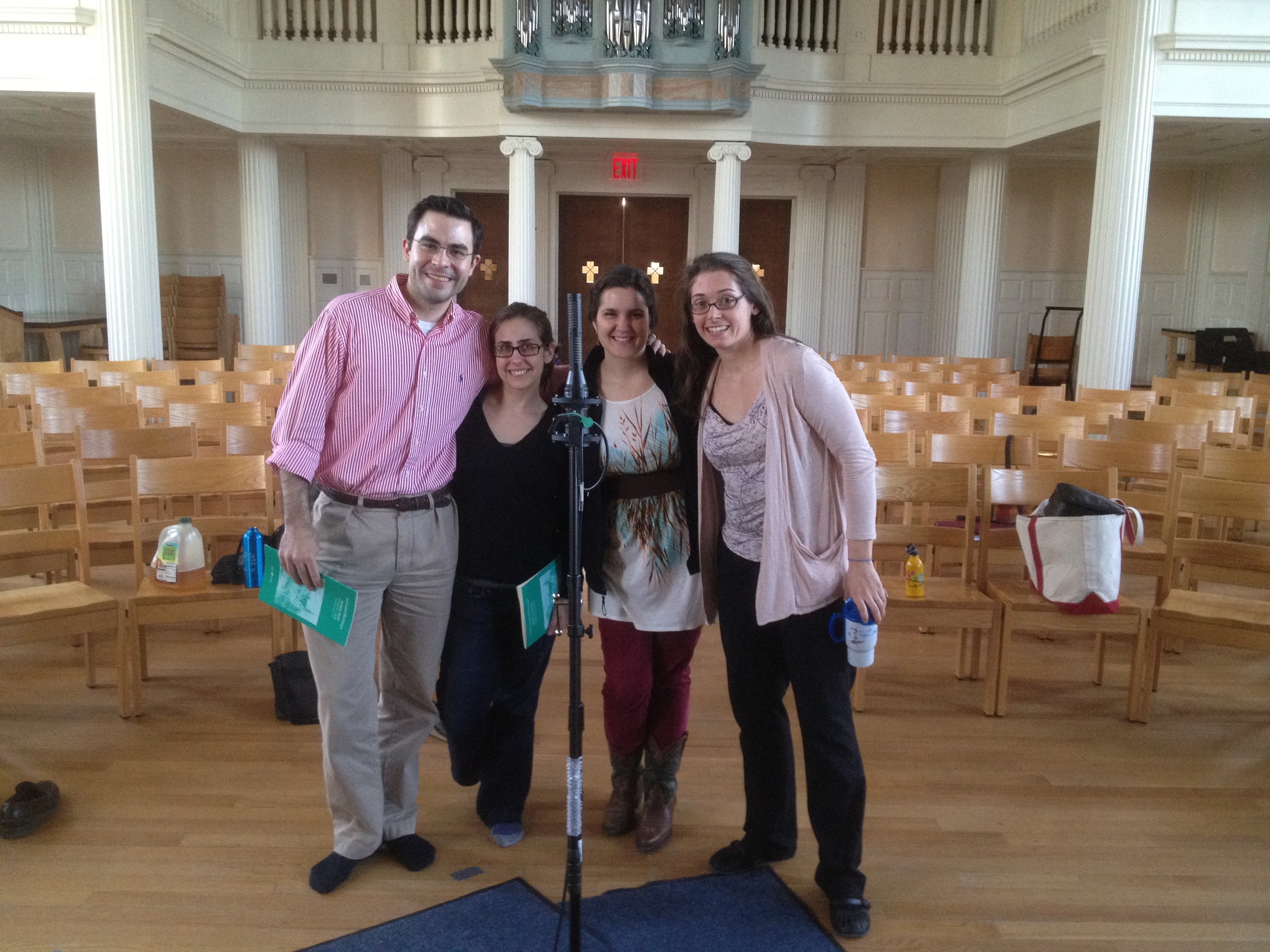 Derek Greten-Harrison, Amanda Sidebottom, Estelí Gomez, and Heather Petrie wrap up recording Rheinberger's "Sechs Gesänge" in Marquand Chapel, Yale Divinity School