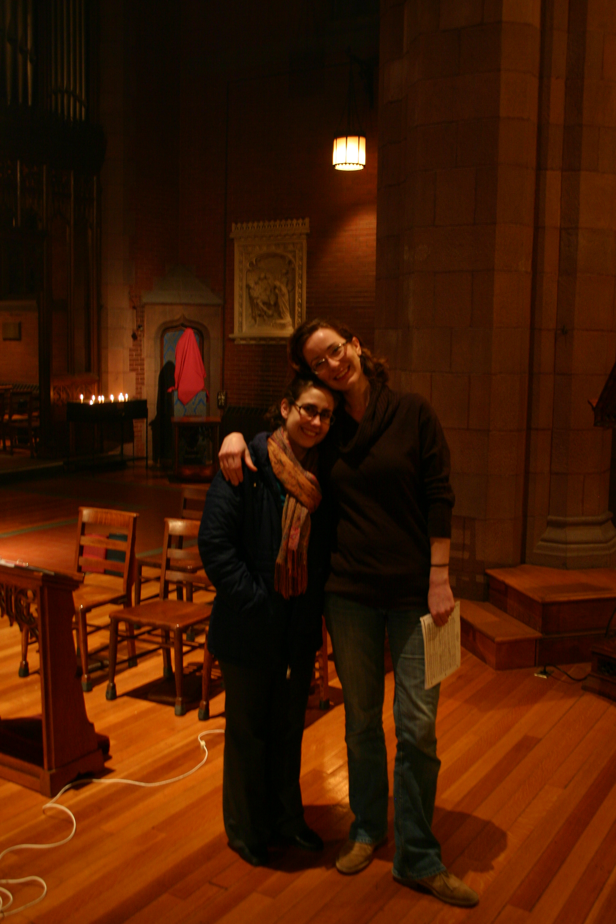 Amanda Sidebottom and Rebekah Westphal relax during a break in a late-night recording session at Christ Church, New Haven