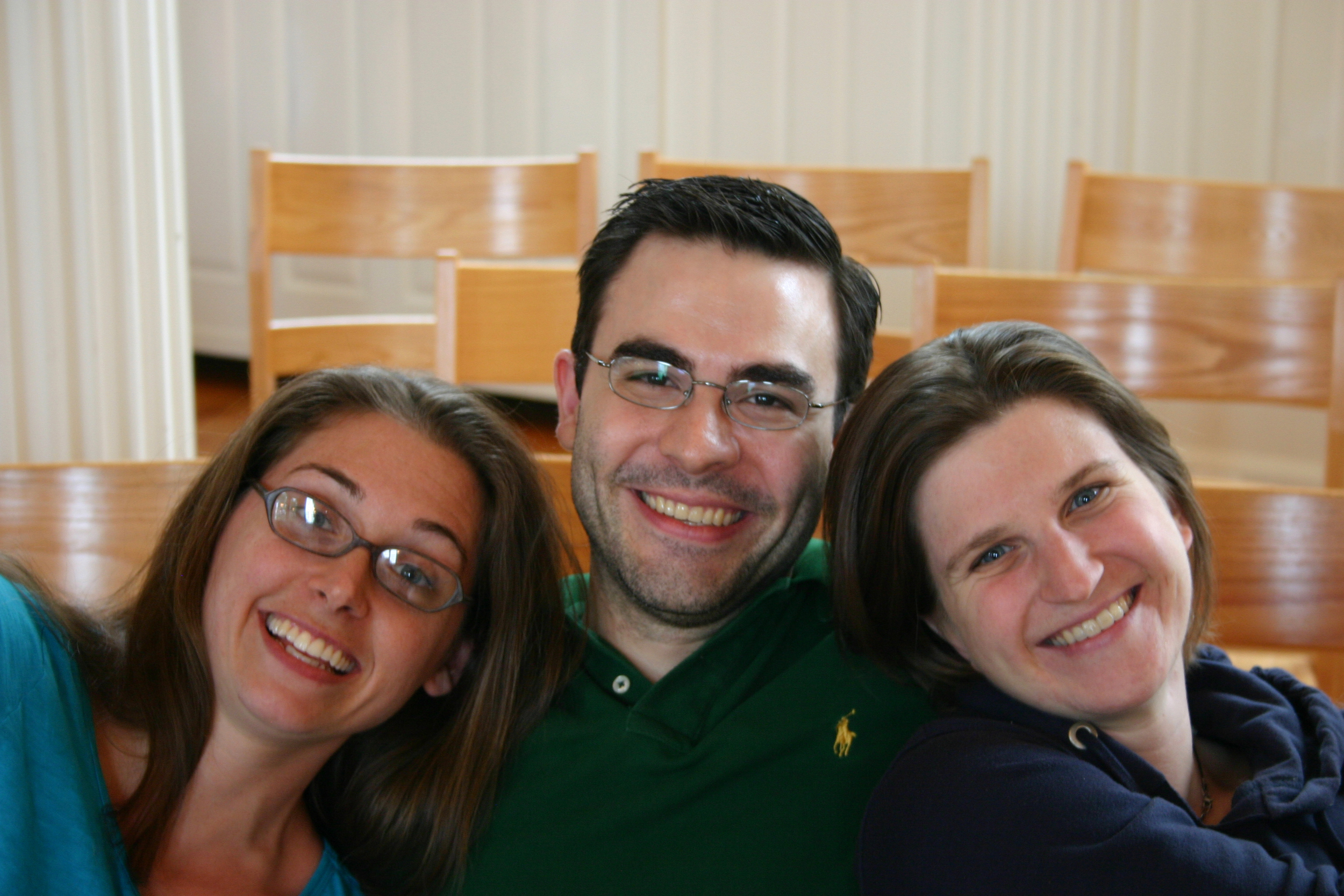 Heather Petrie, Derek Greten-Harrison, and Jessica Petrus prepare to record Amy Beach's "Three Shakespeare Choruses" in Marquand Chapel, Yale Divinity School