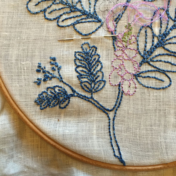 Indigo, backstitched. Would you sew it as a tattoo? Satin stitch? Free-for-all?
