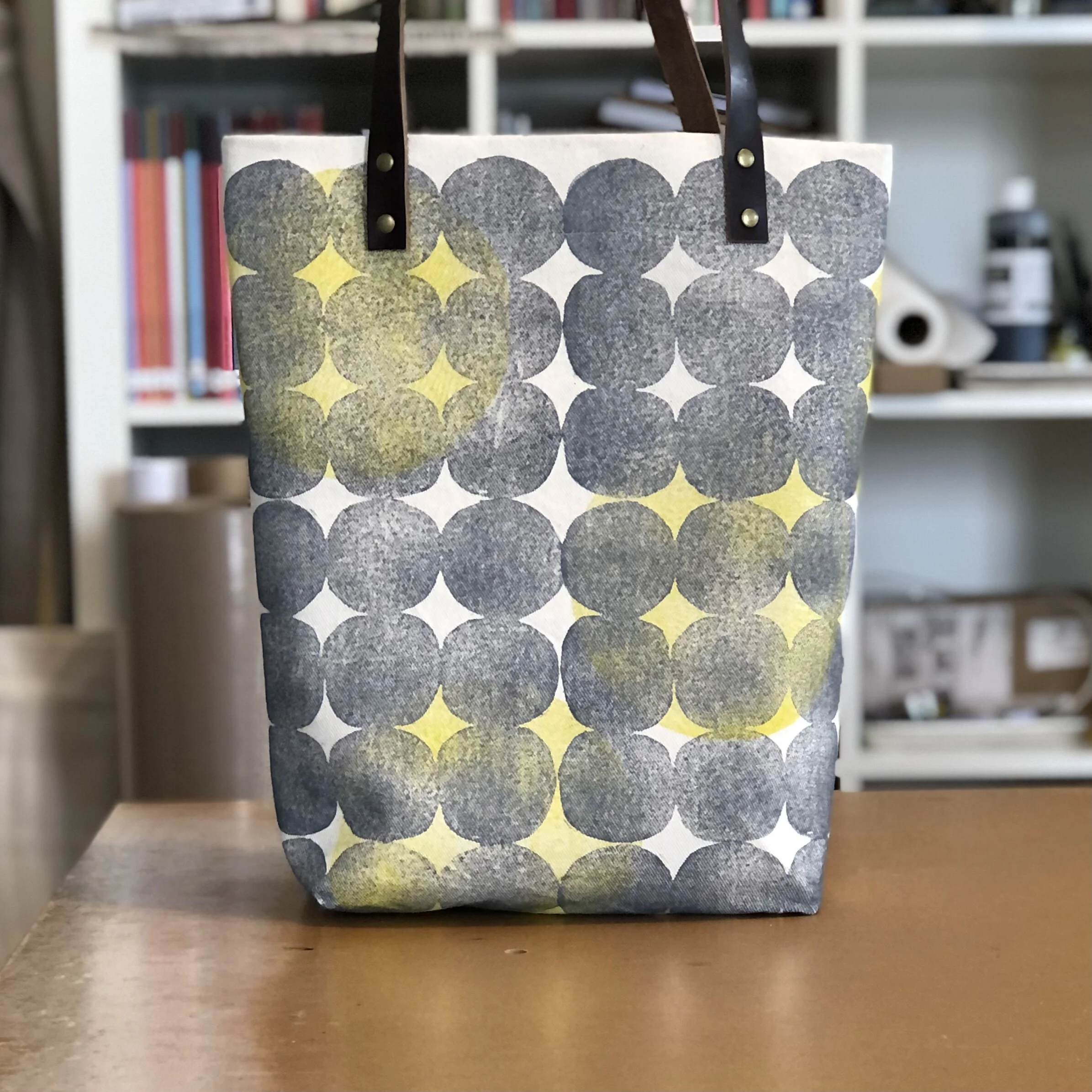 MIMBY Tote | Hand Printed | Sunshine &amp; Clouds | Gray and yellow