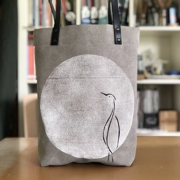 MIMBY TOTE | Hand Printed | Full Moon Crane | Fog