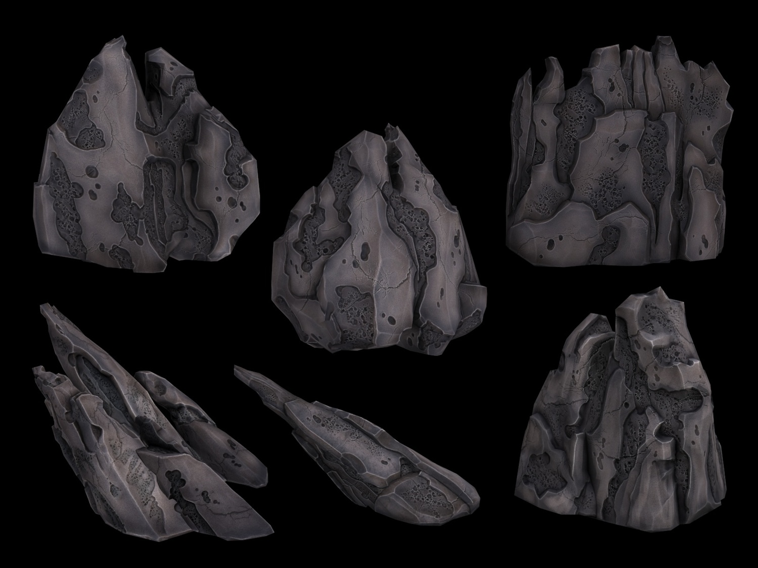  A set of rock assets that were used frequently throughout one of the game's acts. Zbrush -&gt; Topogun -&gt; Maya. 