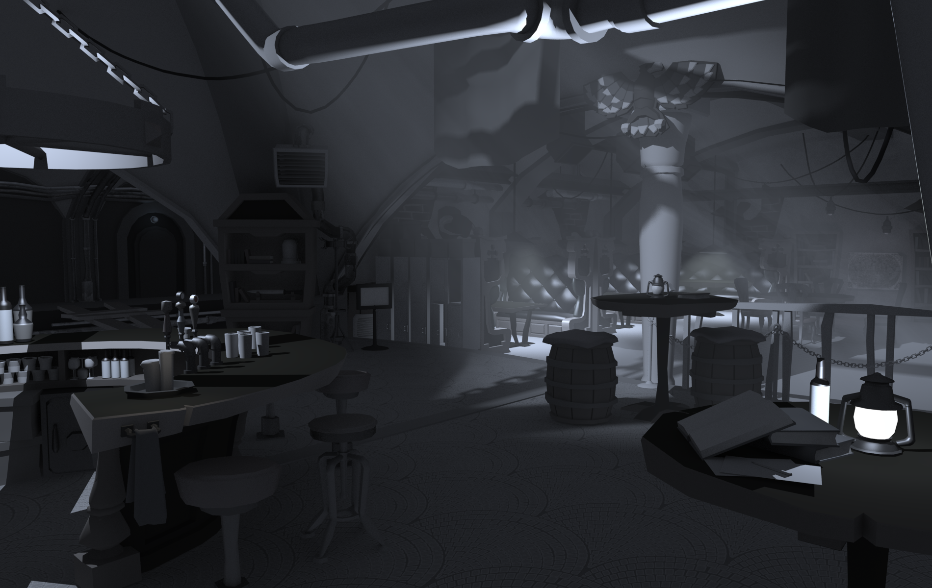  3D mockup of an underground lair for a living comic game prototype. This was used as an underpainting for pitch art. 