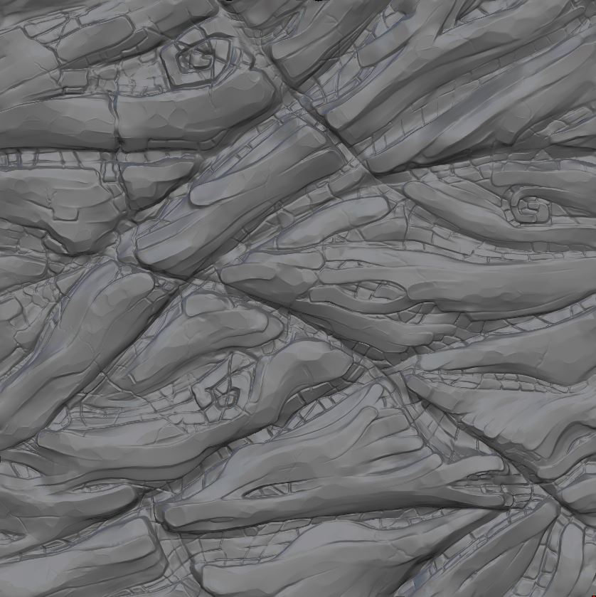  Zbrush sculpt for a tiling bark material. Textures were assembled as grayscale images with a mask to allow players to control color and value in the game engine.&nbsp; 