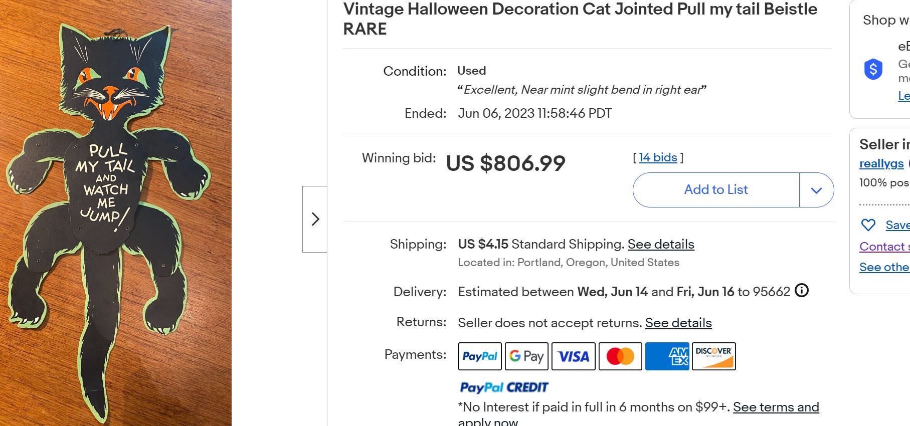Vintage Halloween Decoration Cat Jointed Pull my tail Beistle RARE ...