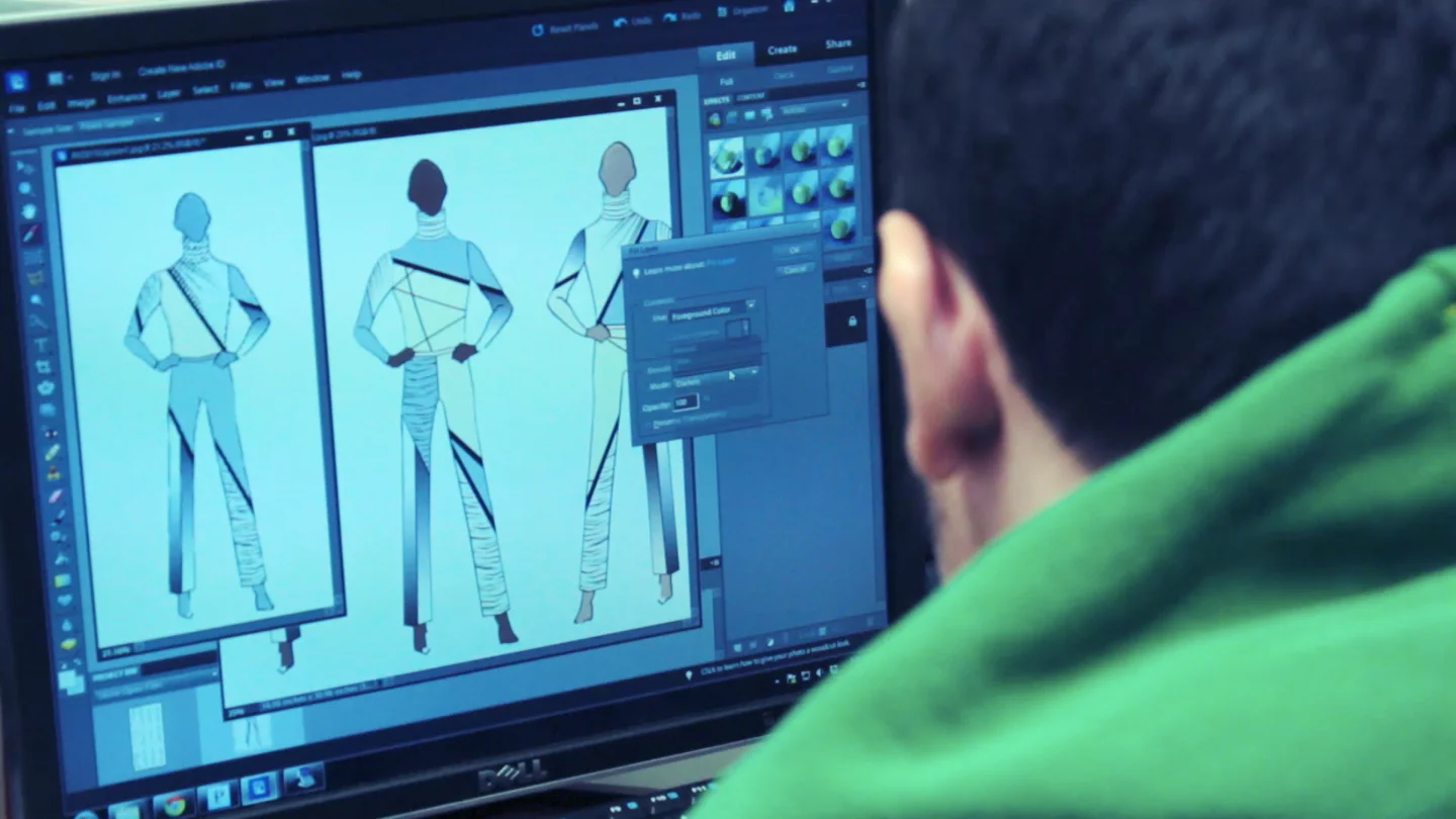 Uniform designer Byron Valentine completes sketch of uniform, and defines each element of the uniform that must be produced to create the final product.
