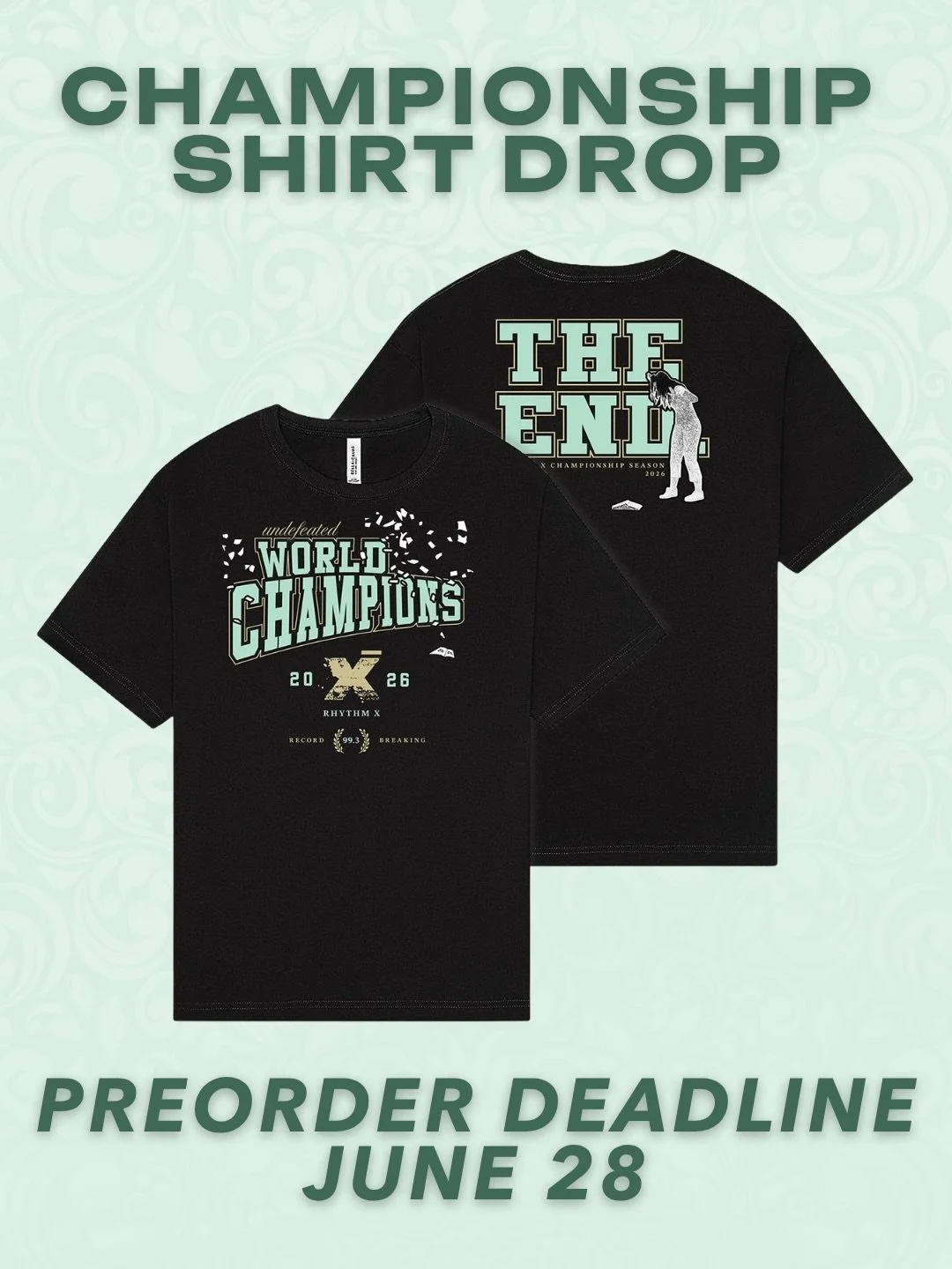 Celebrate a historic season with our 𝙡𝙞𝙢𝙞𝙩𝙚𝙙 𝙚𝙙𝙞𝙩𝙞𝙤𝙣 2026 Championship Shirt! 🏆

Preorders are available until June 28 at the 🔗 in our bio, shipping expected mid-July 📦

#RhythmX #TheEnd #WGI #WGIPercussion