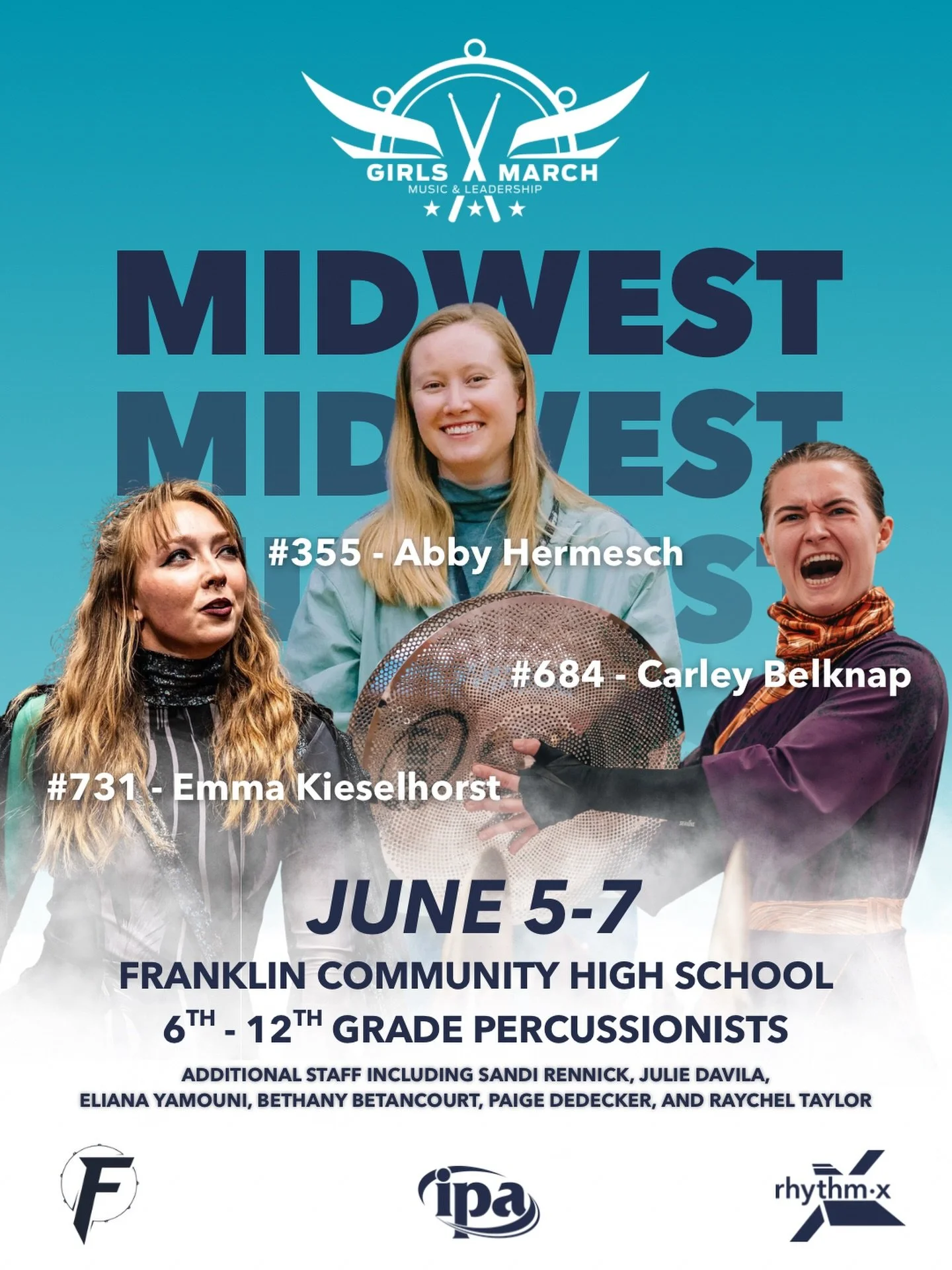 Don&rsquo;t miss out on this opportunity to learn from world class educators for @girlsmarch Midwest, including our alumni and staff Abby, Carley, and Emma! 🥁

Register for Midwest Camp at the link in our bio! 🔗

#rhythmx #girlsmarch #marchingband 