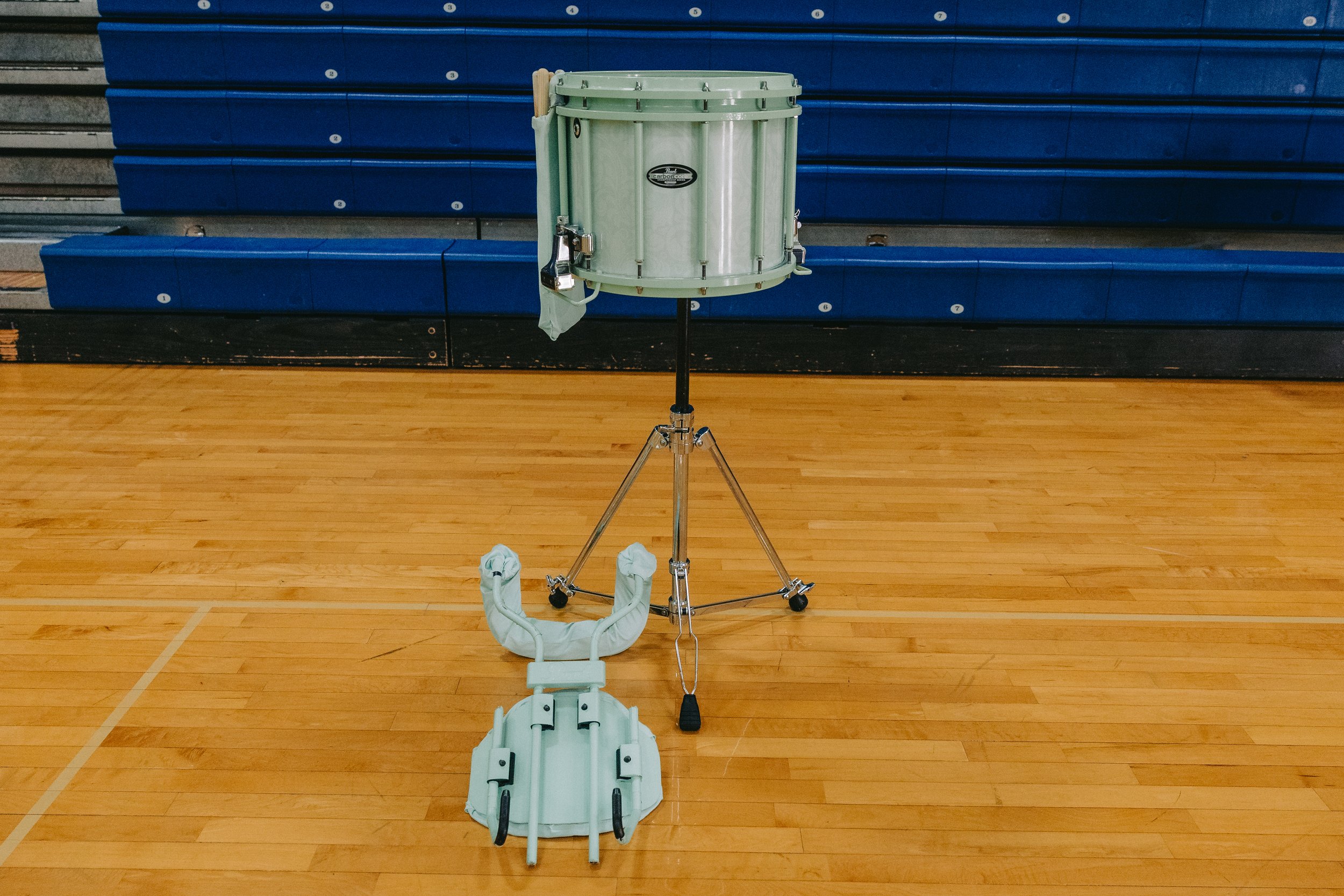 "The End" Mint Pearl Snare Drum with stand and carrier