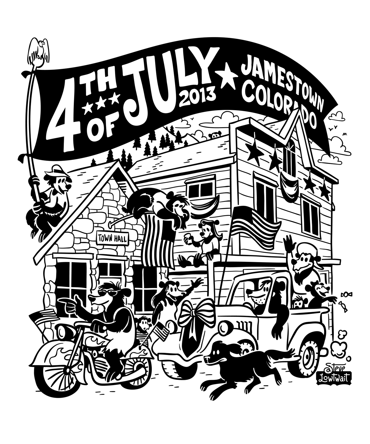 Jamestown Fourth • T-shirt illustration for the annual Fourth of July festivities in the small mountain town. Client: Jamestown, Colorado