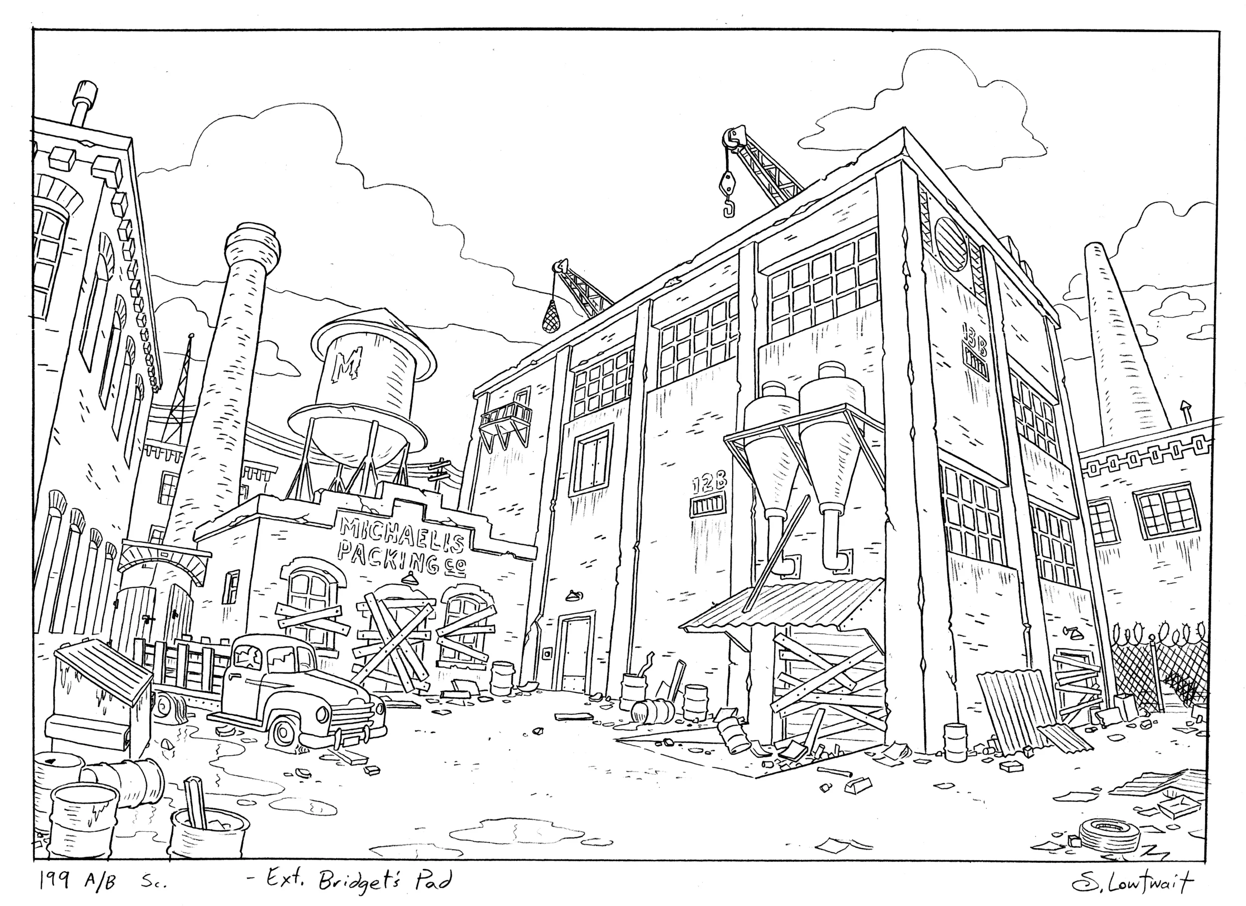 A seemingly abandoned factory for the Hey Arnold movie. I really enjoyed drawing the grunge of urban scenery.