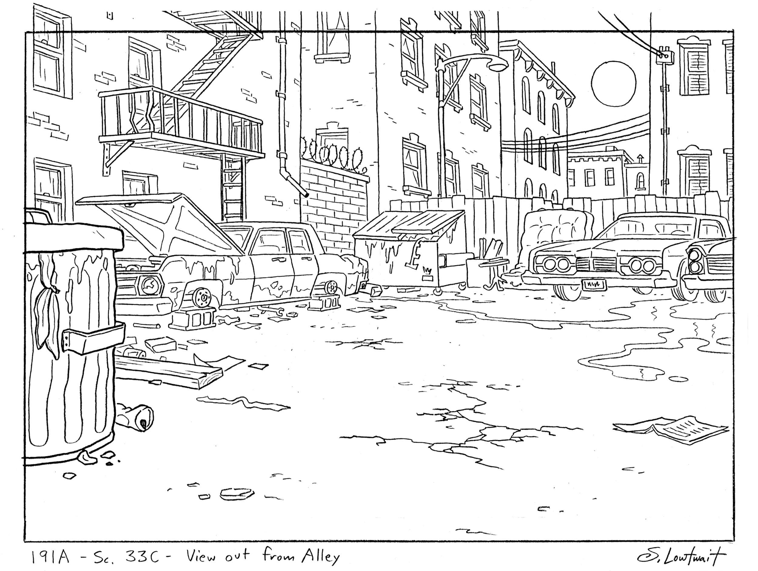 Rusty cars, puddles, cracked concrete, banana peels, crushed pop cans, discarded mattresses, and broken furniture. Arnold's hometown.