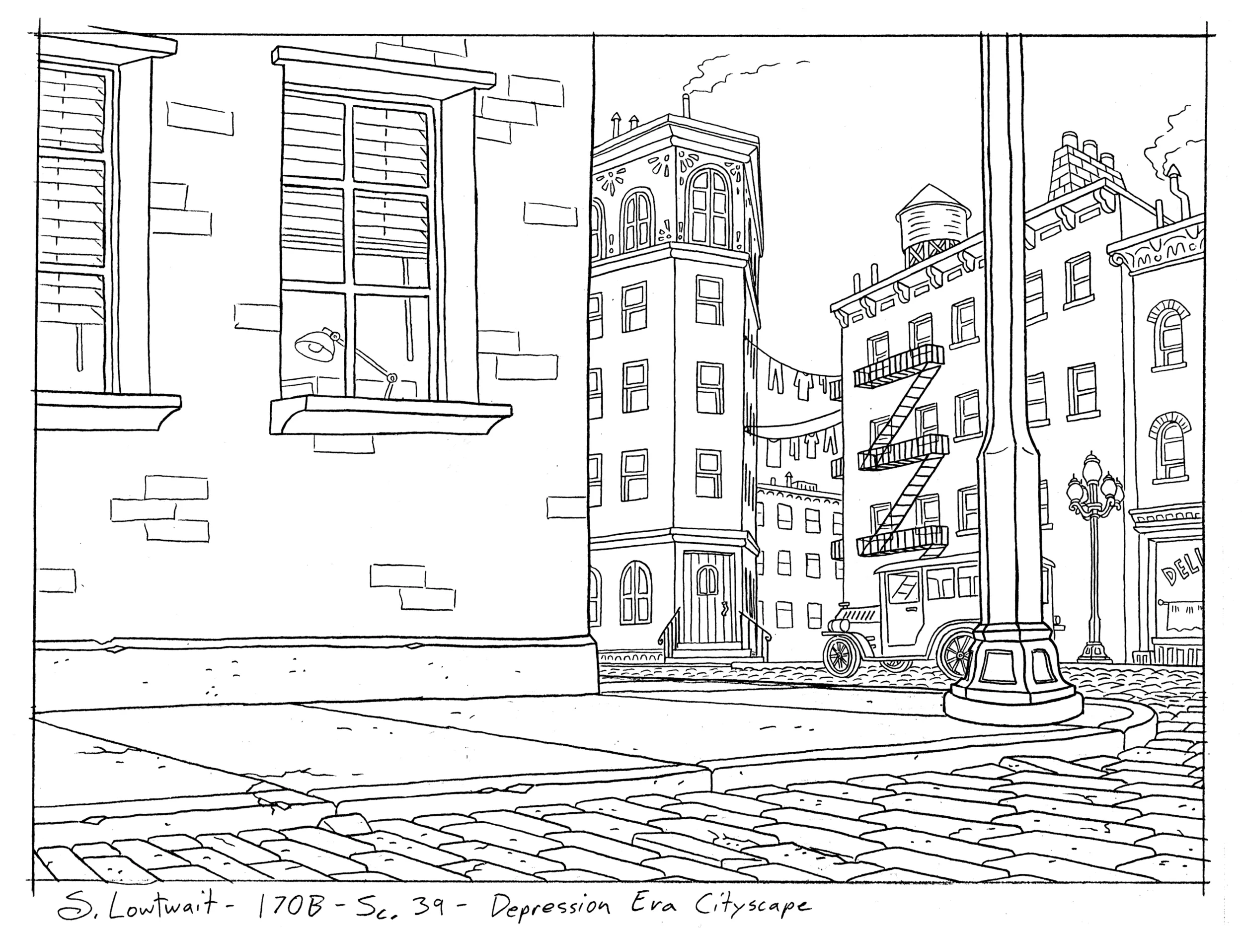 A flashback to the city during the 1930s. Notice how several bricks in the street have been jostled out of place.