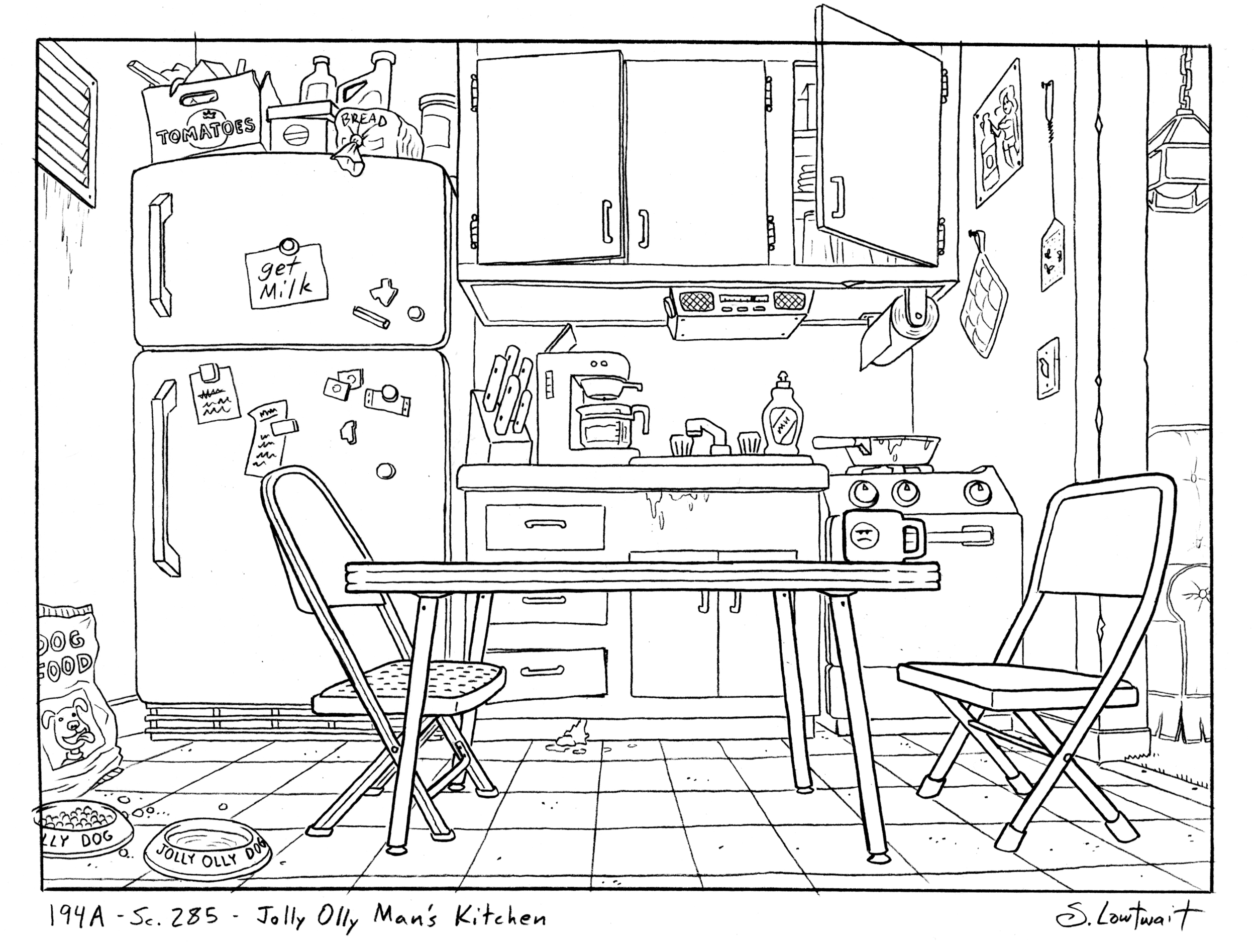 The ice cream man's kitchen is how I imagined a low-income, 20 something, single guy would live. Mismatched metal chairs and a girly beer ad. This is another personal favorite for how it expands the character's story.