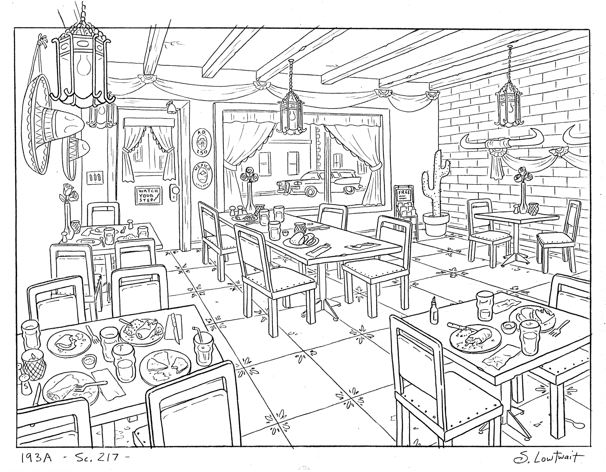 When drawing restaurants, you have to draw gross, partially eaten food on plates and crumpled napkins. The free brochure stand in this one makes it seem like a place for cheap Mexican food.
