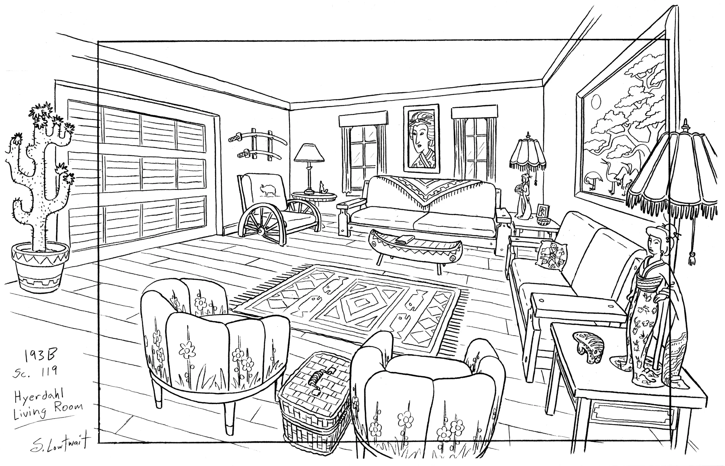 Phoebe's living room decor shows her mixed heritage of Japanese and American southwestern. It's truly an odd combo.