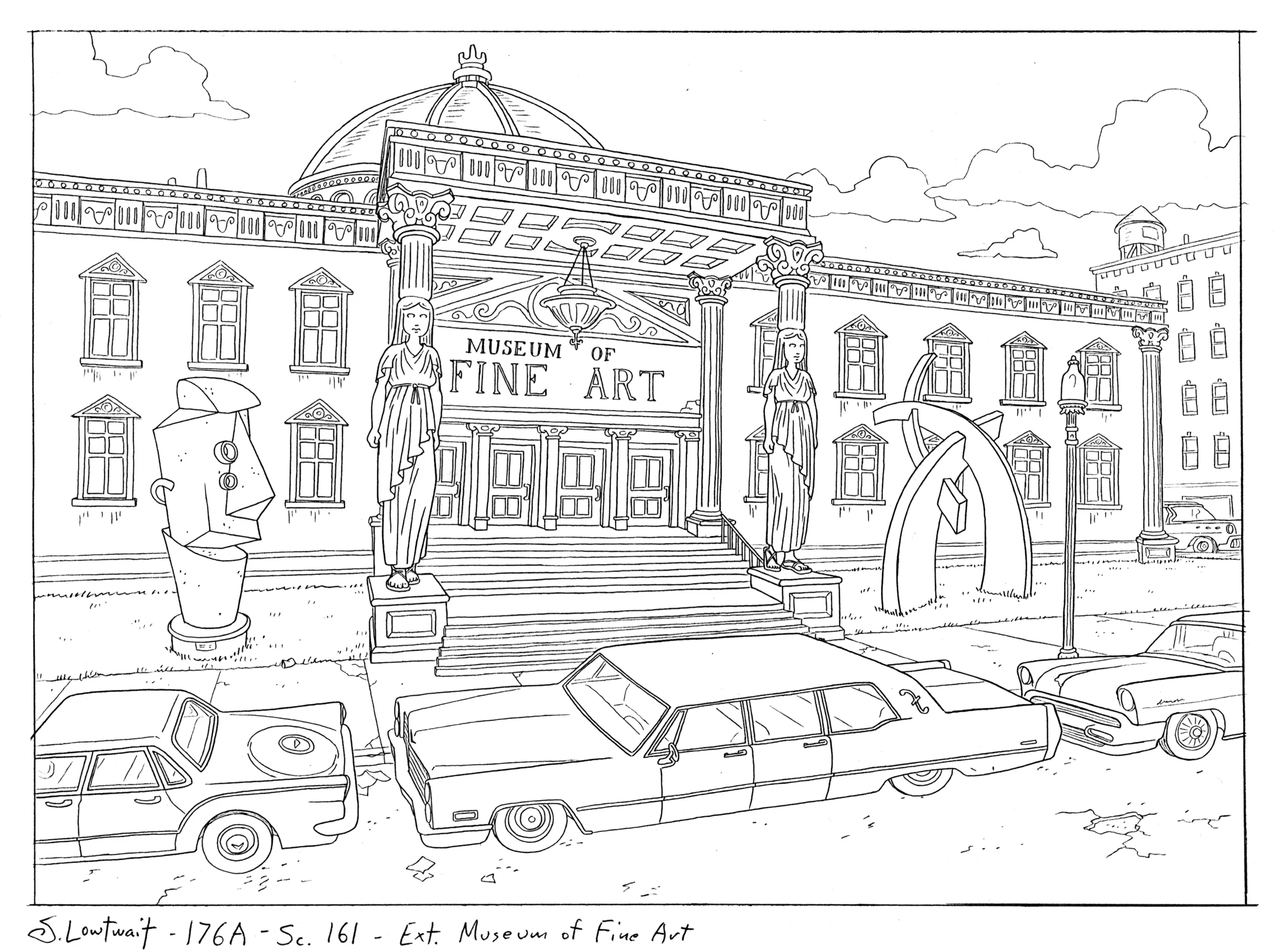 The Museum of Fine Art. Classic figurative columns, modernist sculpture on the lawn, and a limo parked out front. Fancy!