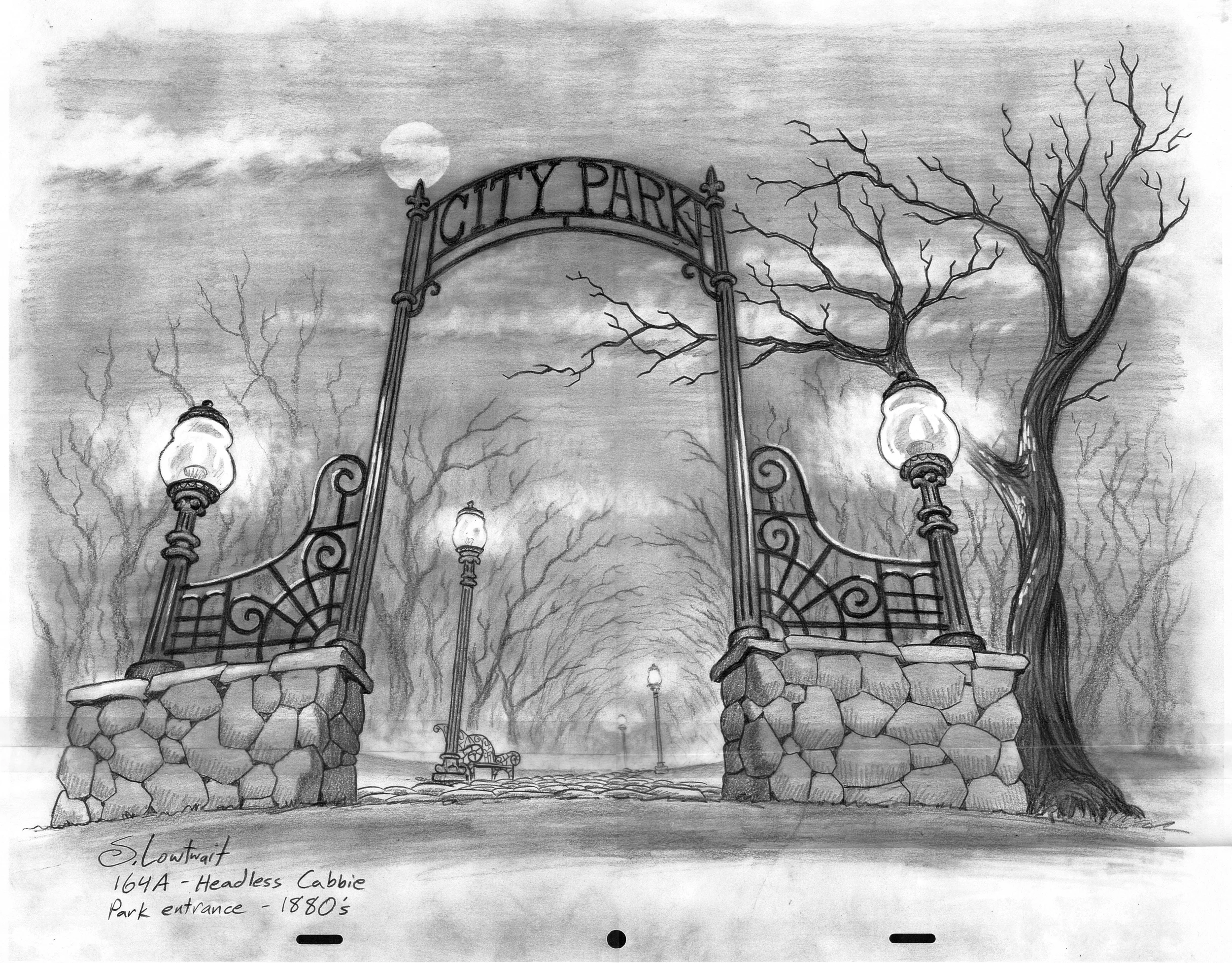 An ominous city park entrance for one of the urban legend episodes.