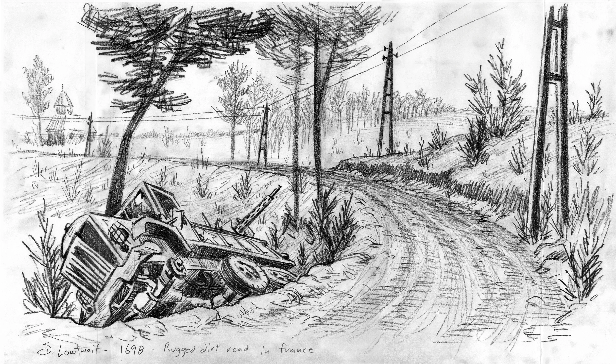 For this road in France during WWII, I researched what European power lines looked like in the 1940s.